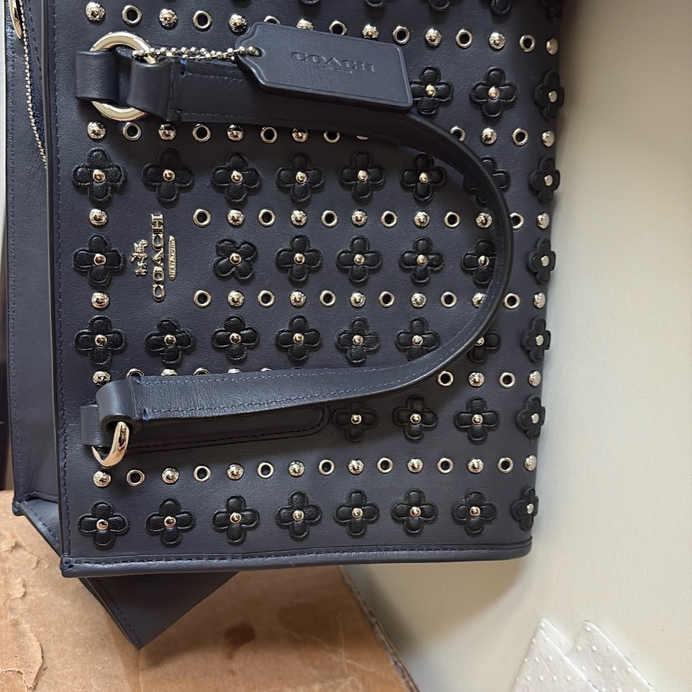 NWOT! Coach, dark blue leather mini Crosby carryall with floral rivets - Picture 4 of 8